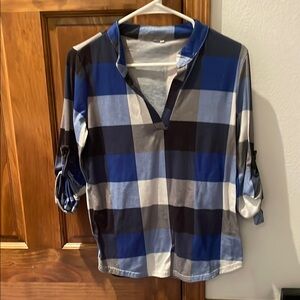Amazon Women's Long Sleeve Plaid Top - Blue and Black